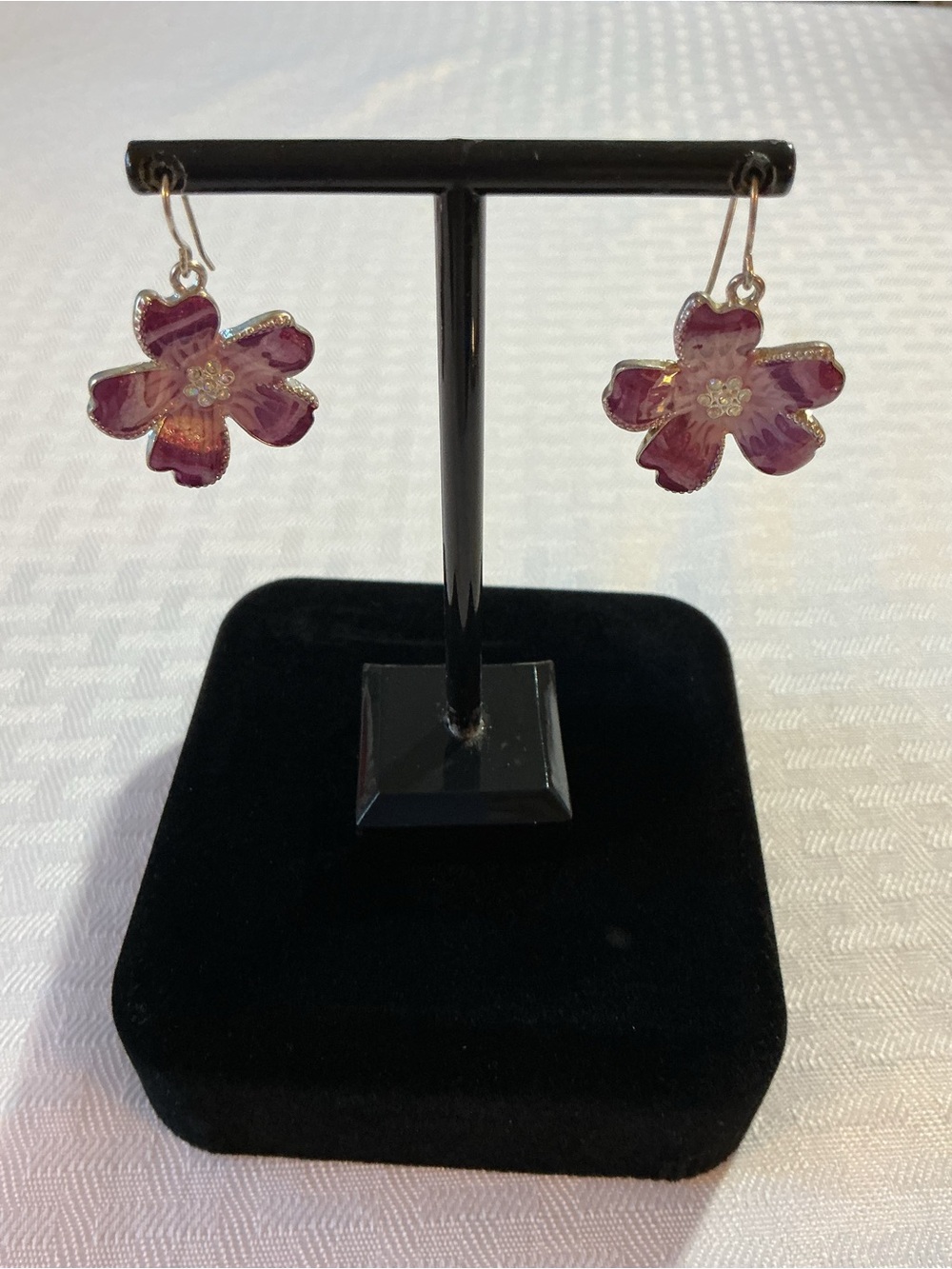 Purple Pink Gradient Enamel Flower and Rhinestone Silver Tone Dangle Earrings